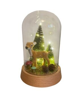 World Market LED Lighted Glass Cloche Woodland Fawn Forest Scene Decor
